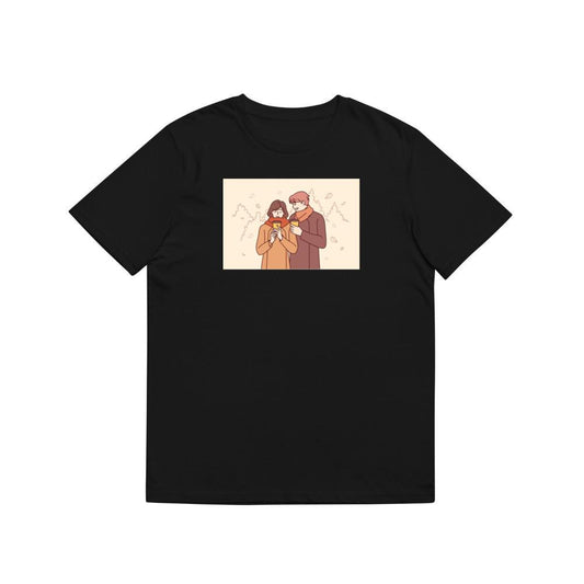 A Couple Enjoying a Cozy Moment Amidst Falling Leaves T-Shirts