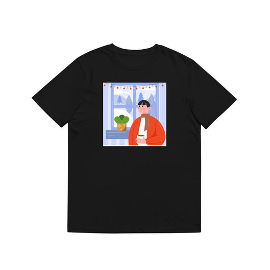 A Person Enjoys a Drink by a Window with a Snowy View and Festive Lights T-Shirts