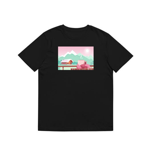 A Warm Drink Overlooking a Snowy Mountain Landscape with a Cozy Cabin T-Shirts