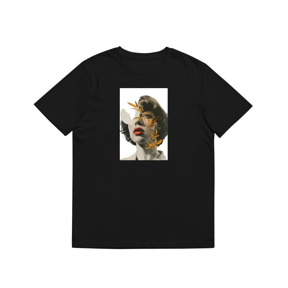 An Artistic Montage of a Woman's Portrait with Golden Leaves T-Shirts