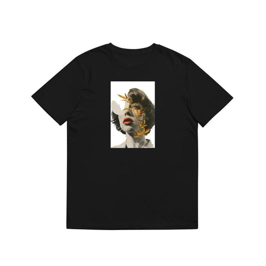 An Artistic Montage of a Woman's Portrait with Golden Leaves T-Shirts